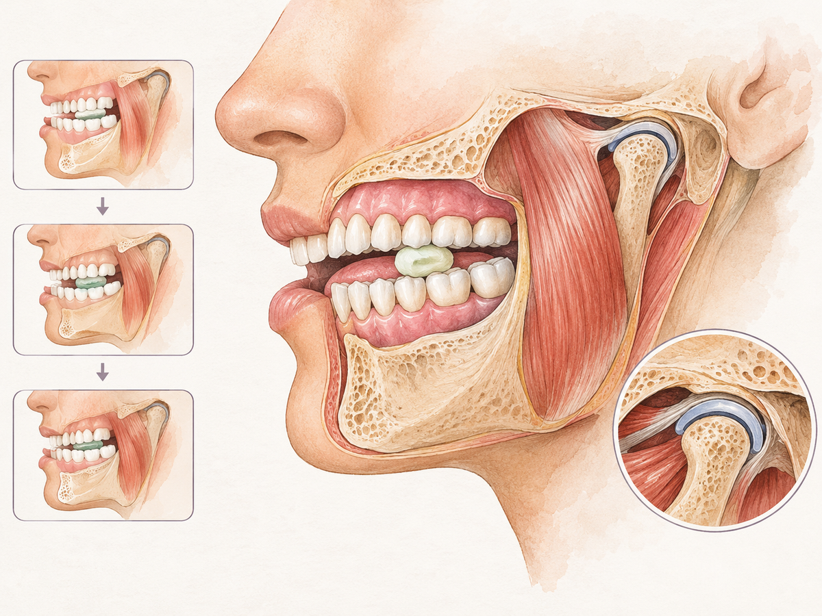 Cross-section of a human jaw in side view shows a piece of sugar-free gum between upper and lower molars, with the masseter muscle and temporomandibular joint highlighted, illustrating how repeated chewing engages the jaw and may contribute to jaw strain.