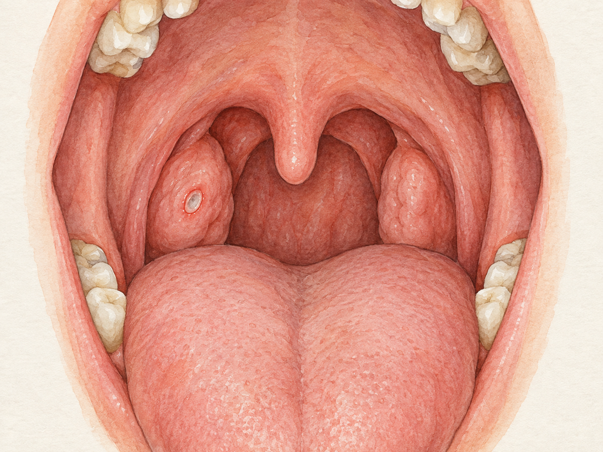 A frontal anatomical view into the open mouth and throat highlights a small canker sore on one tonsil, shown as a round white-gray ulcer with a red rim, while nearby tissues remain normal.
