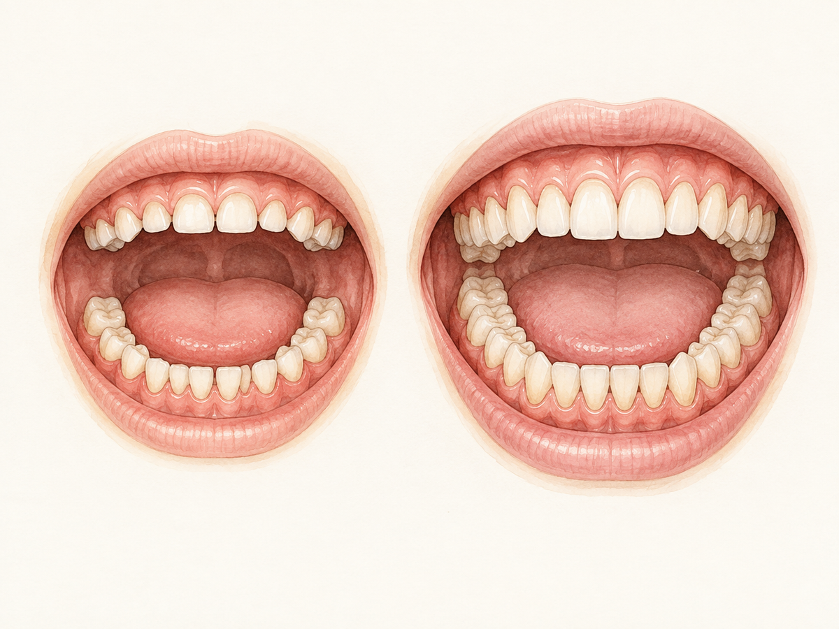 A side-by-side dental view compares a child’s 20 primary teeth with an adult’s 32 permanent teeth; both upper and lower arches are visible, with premolars and wisdom molars completing the adult set.