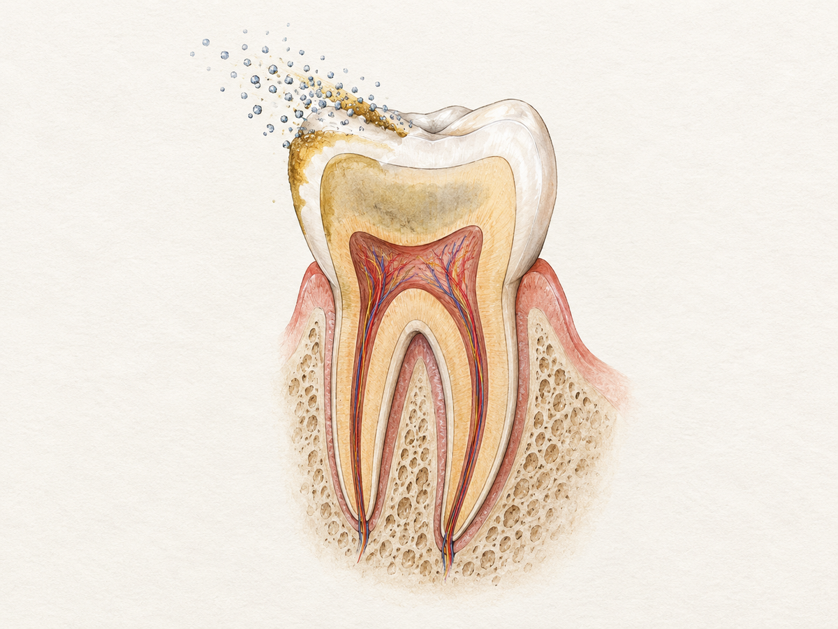 A cross-section of a tooth showing brownish surface stains on the enamel being gently polished away, while a deeper gray-yellow discoloration remains inside the dentin, illustrating that whitening toothpaste only affects extrinsic stains.