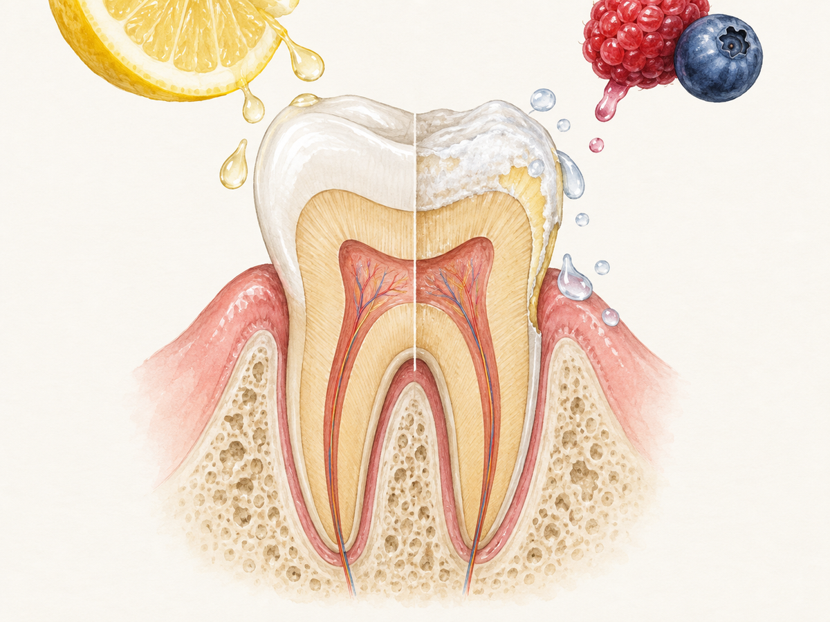 A tooth cross-section compares intact enamel with acid-thinned enamel, including chalky patches and yellow dentin show-through, while citrus droplets rest on the surface to show how acidic fruit erodes enamel.