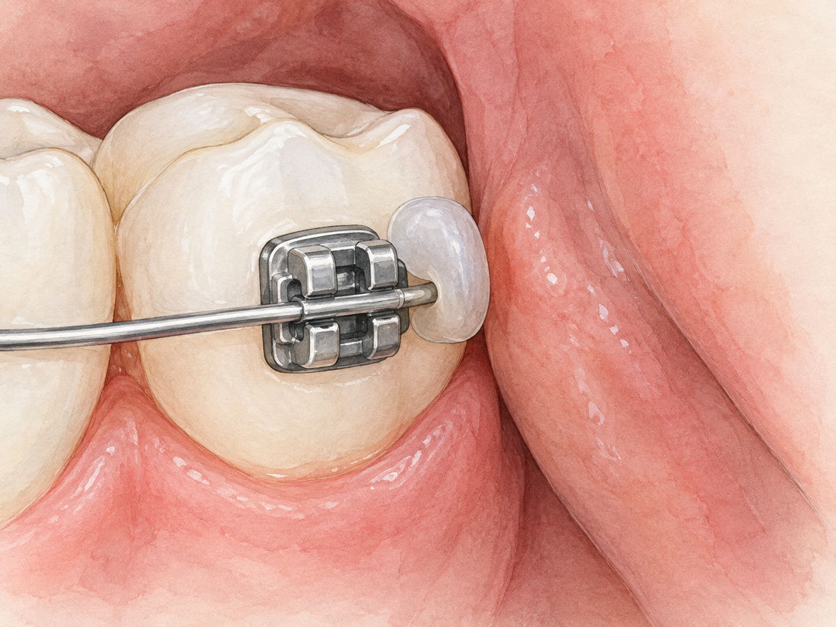 A close-up cross-section shows a single tooth with an orthodontic bracket and wire. A small piece of soft dental wax covers the bracket’s sharp edge, creating a cushion between it and the nearby inner cheek tissue. Healthy pink gum tissue is visible.