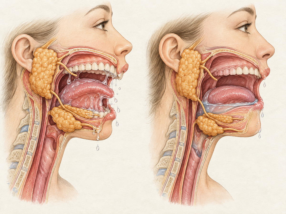 A side-by-side anatomical cross-section of the mouth and throat compares two causes of excessive saliva: overactive salivary glands releasing excess saliva, and saliva pooling because swallowing muscles are weak.