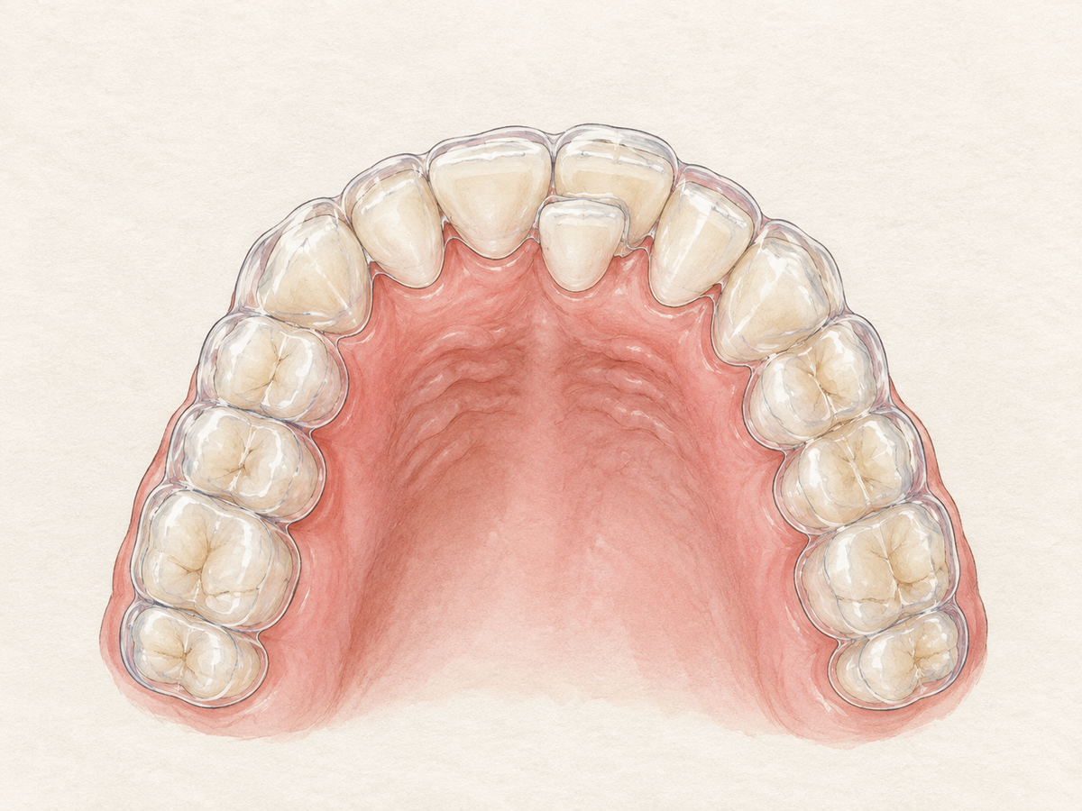 A transparent clear aligner tray fitted over a slightly crowded upper dental arch, showing how the Invisalign system works. The aligner's thin plastic shell grips the teeth, revealing mild misalignment, with healthy pink gums visible beneath.