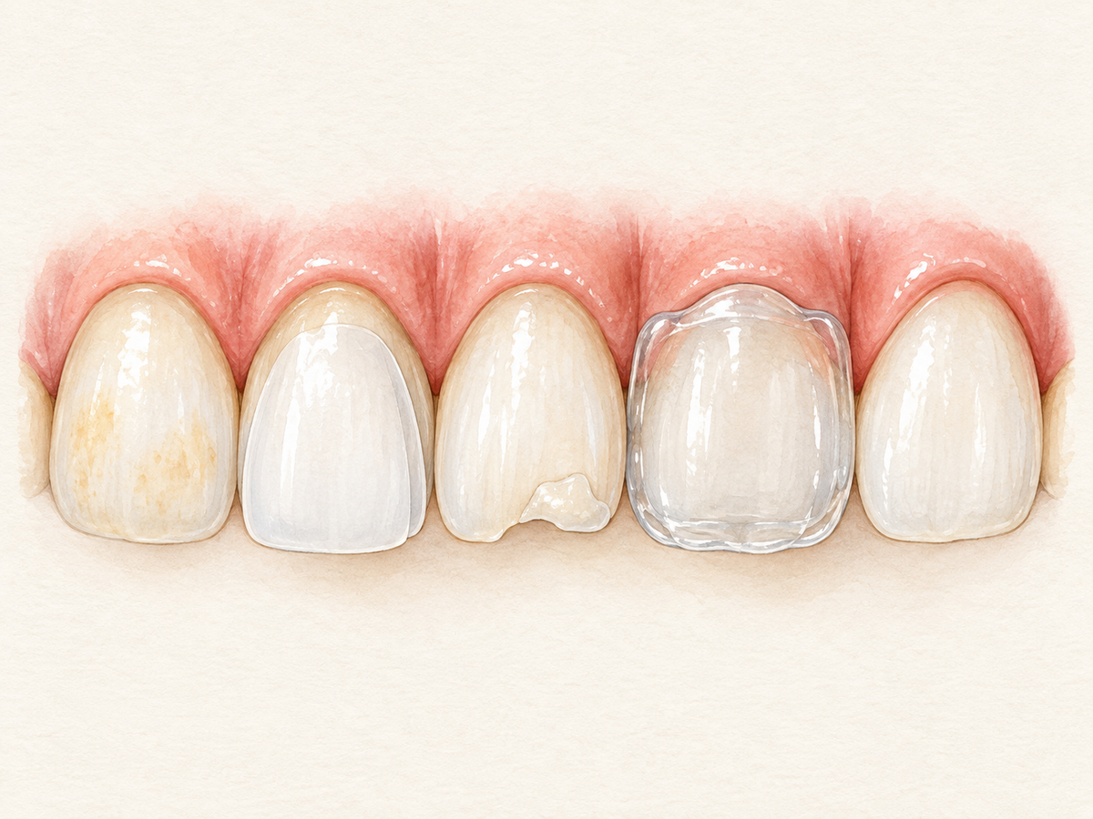 A row of five upper front teeth and gums, each showing a different cosmetic dentistry procedure: whitening, a thin veneer shell, a composite bonding repair, a clear aligner tray, and gum contouring.