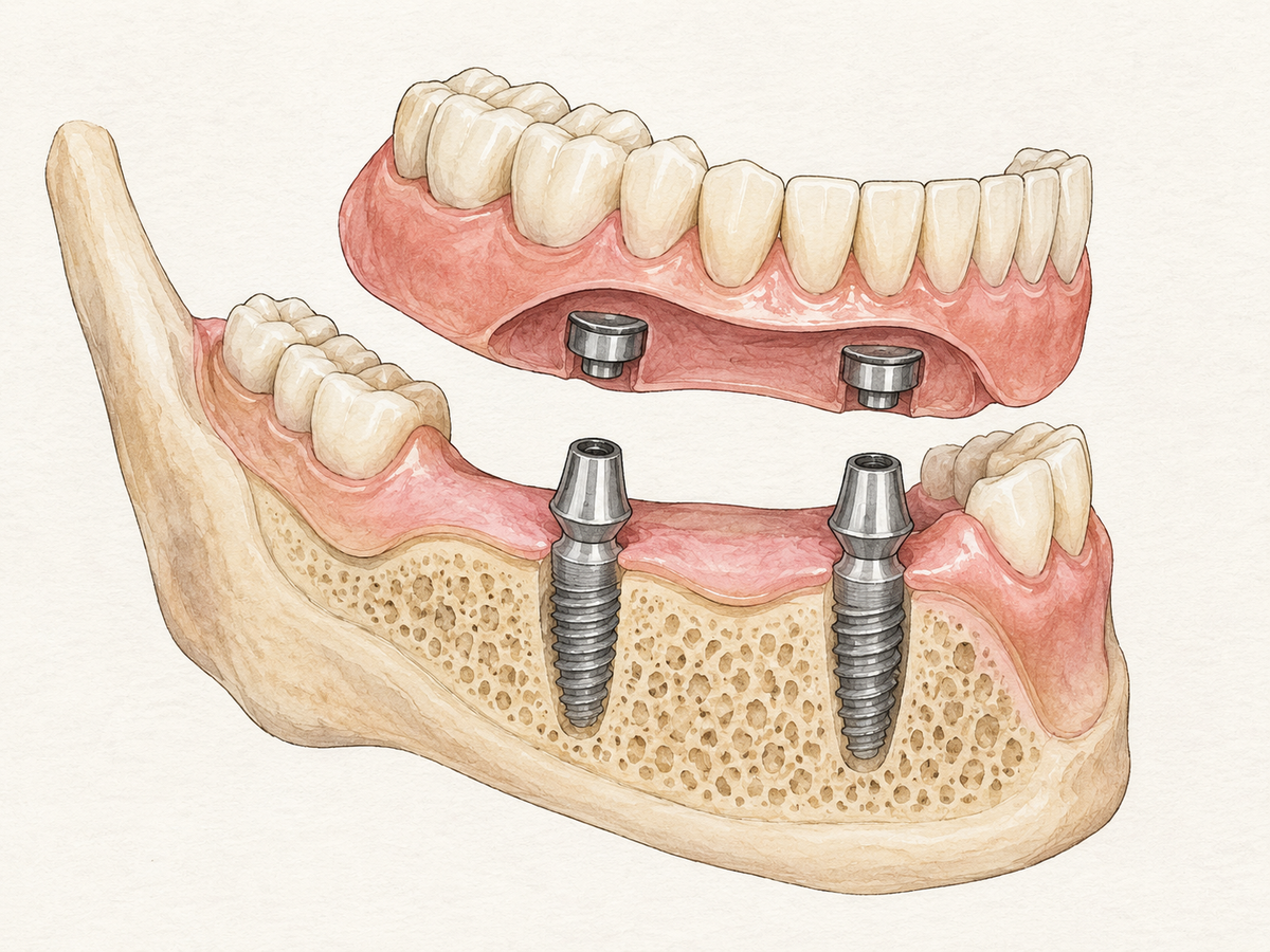 A cross-section of a lower jaw shows two dental implants anchored in bone and emerging through healthy gums, with a removable denture above and its internal clips aligned to snap onto the implants.