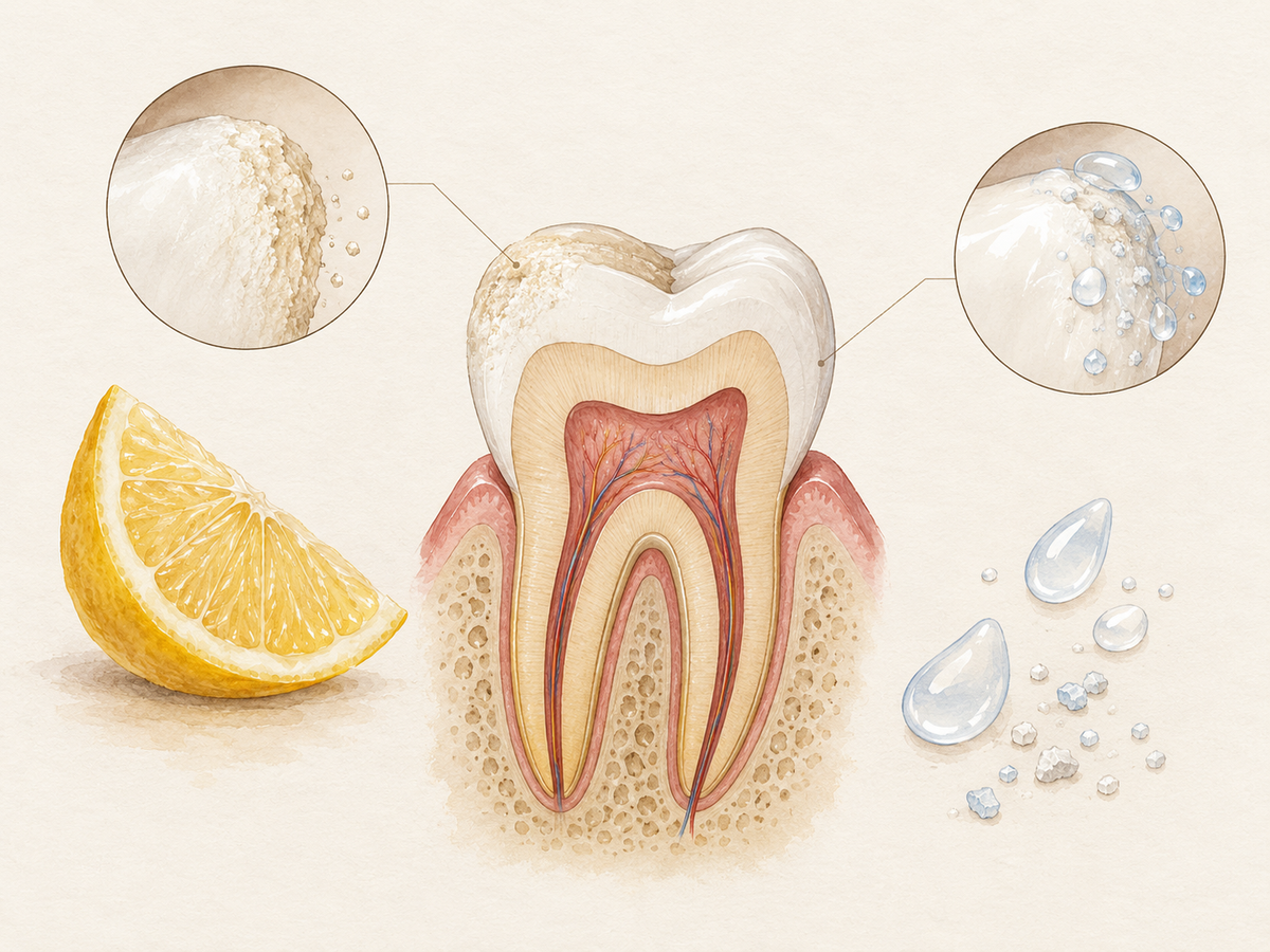 Cross-section of a human tooth with a citrus wedge near the enamel, showing subtle mineral loss at the tooth surface and saliva droplets returning minerals, illustrating how acidic foods soften enamel and saliva supports repair.