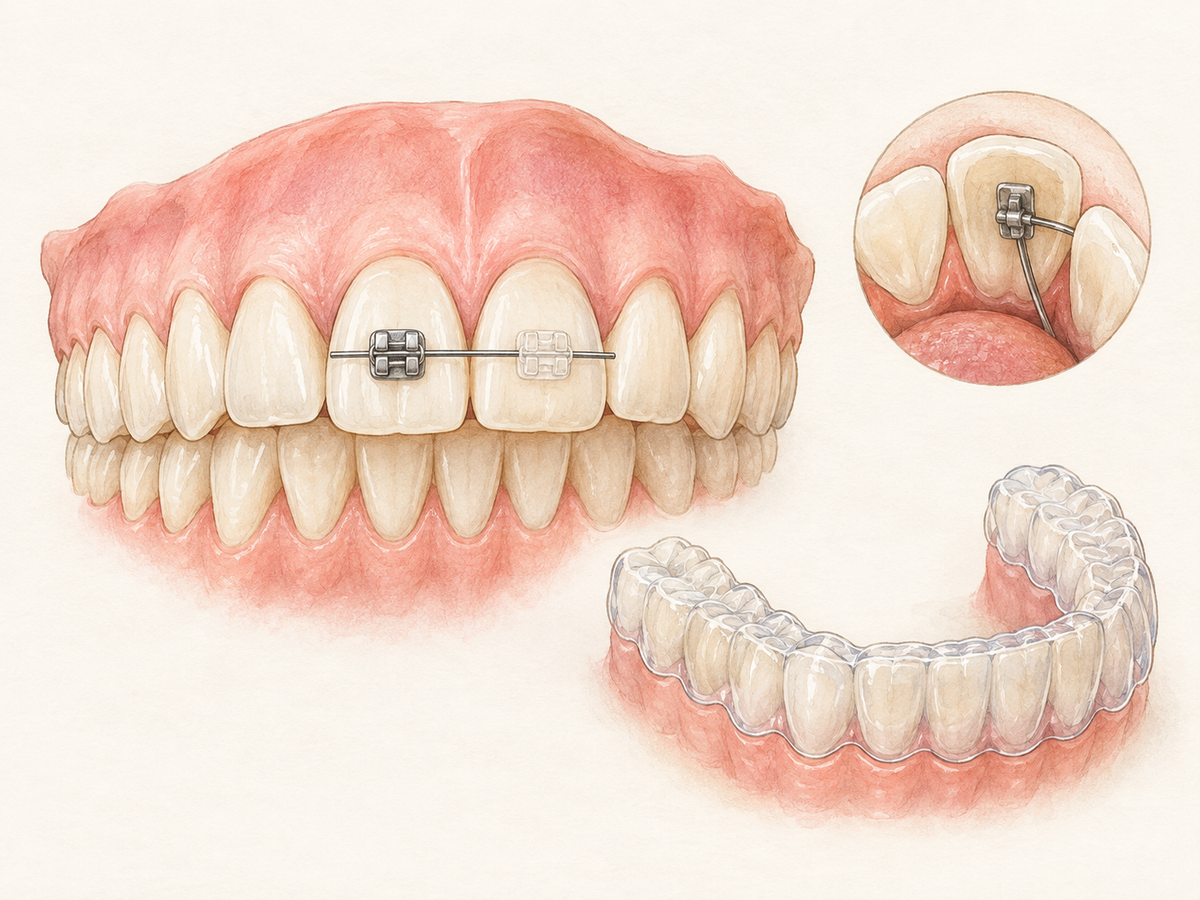 A dental arch comparing orthodontic options: a metal bracket and archwire on one front tooth, a tooth-colored ceramic bracket beside it, a clear aligner tray over lower teeth, and a hidden lingual bracket behind a tooth.