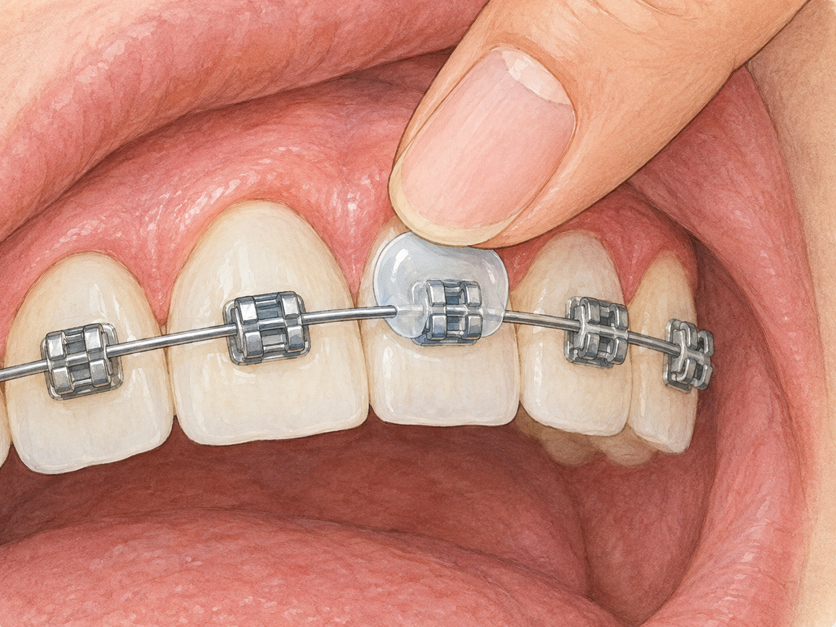 A close view inside a mouth shows a fingertip pressing a pea-sized piece of orthodontic wax onto a metal bracket and archwire on a tooth, cushioning the spot where braces rub against the lip or gums.